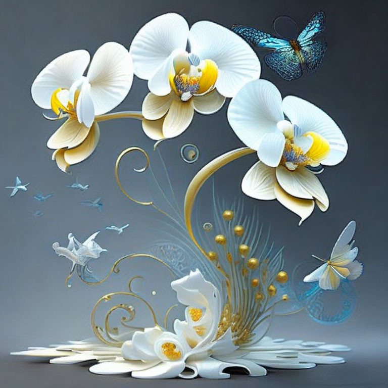 3D illustration of white and gold orchids with butterflies and birds on a fantasy background