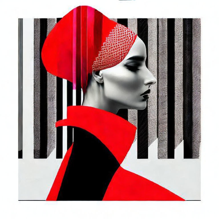 Surrealist grayscale portrait with red accents on hat and collar against striped background