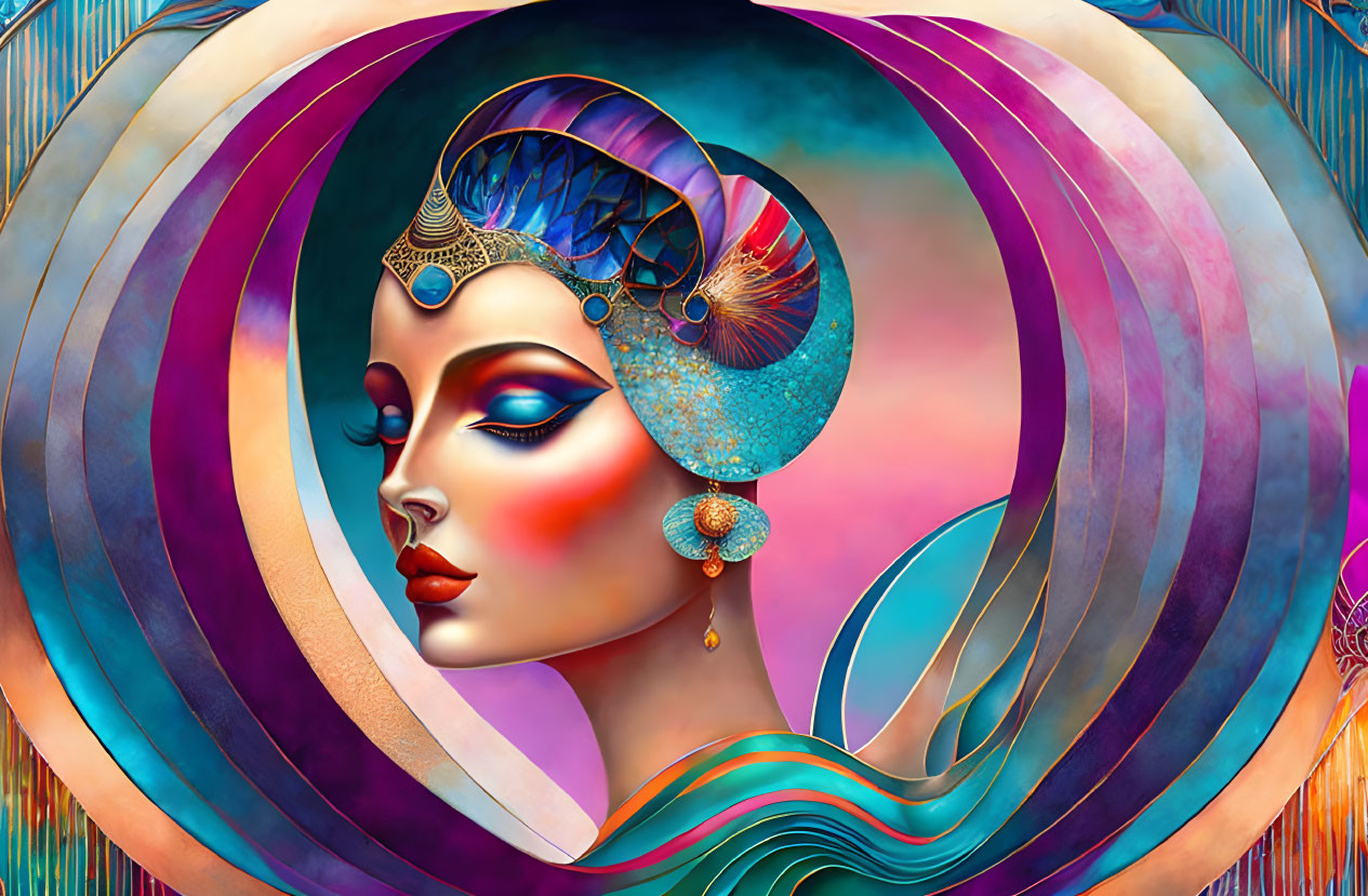 Vibrant digital artwork: woman's profile with ornate headpiece on circular patterned background