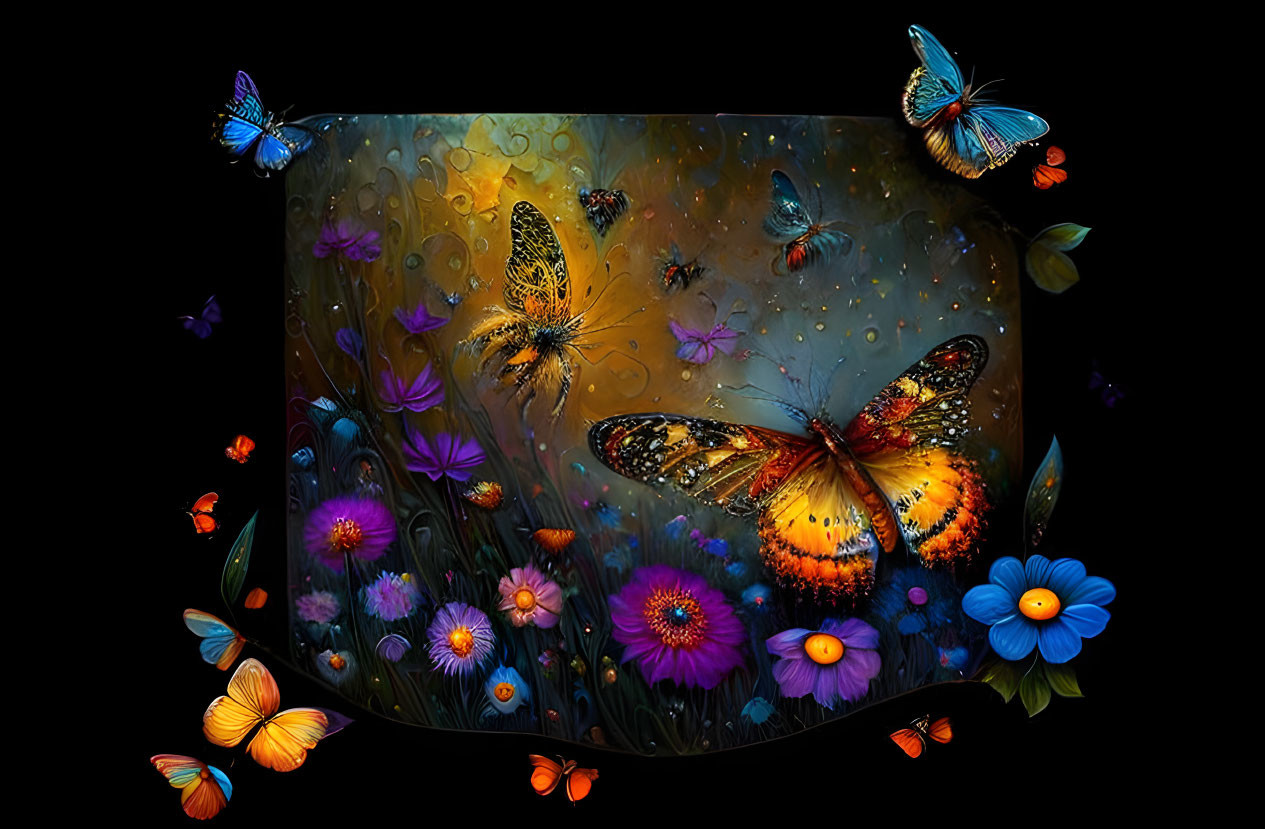 Colorful digital artwork: Butterflies, flowers, glistening droplets on dark background