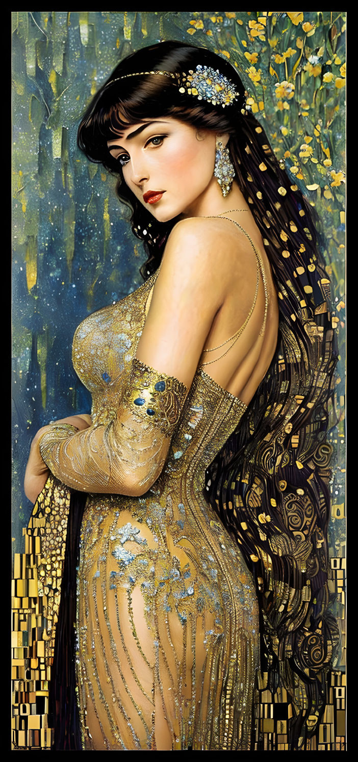 Stylized portrait of woman with dark hair, floral hair adornments, beaded gold dress,