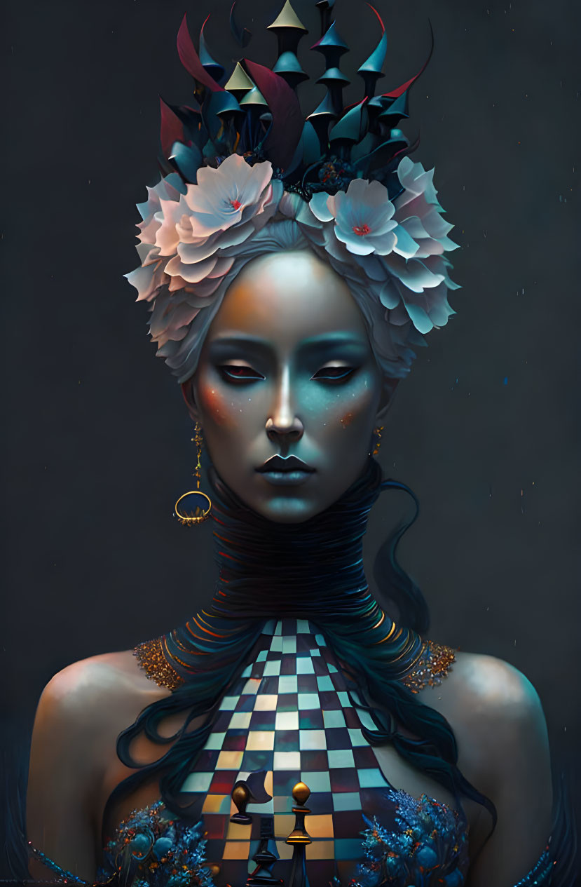 Fantastical portrait of female figure with blue skin and chess-themed accessories