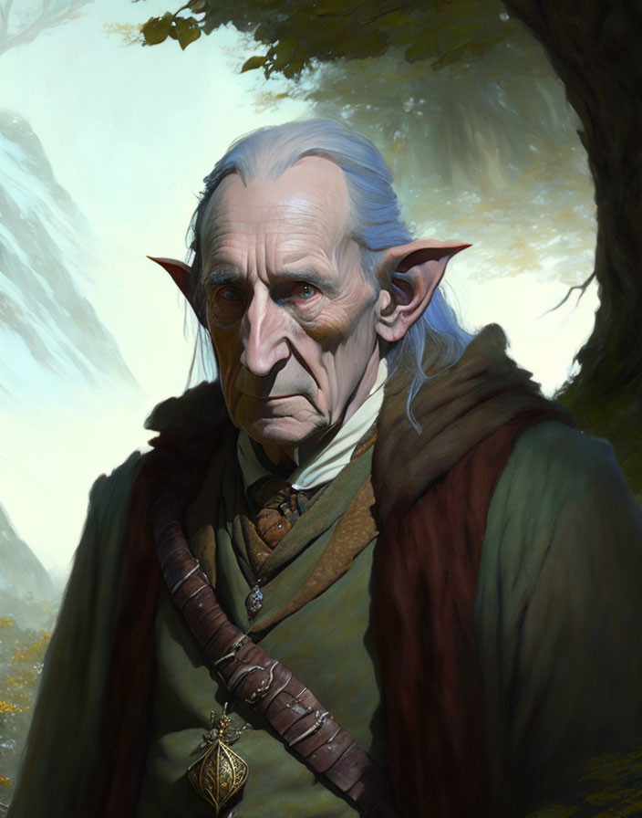 Elderly male elf with long white hair, green cloak, and staff