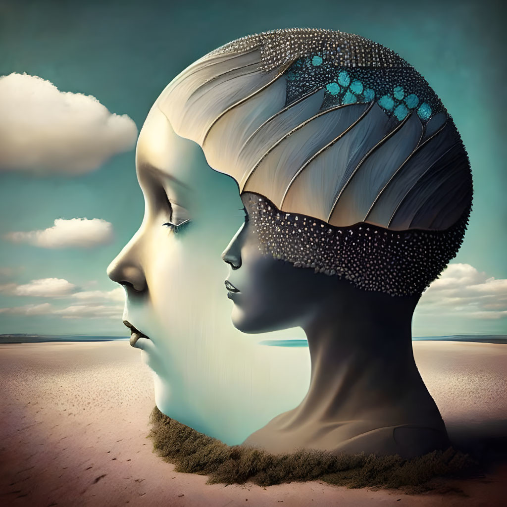 Surreal artwork: Two conjoined heads with contrasting skin tones in desert scene