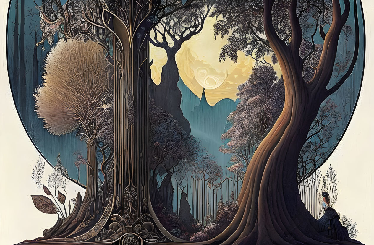 Detailed forest scene with large moon and solitary figure