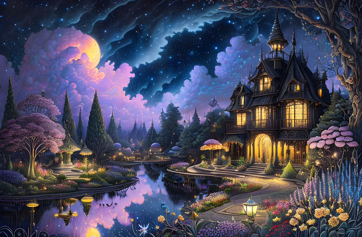 Victorian-style mansion in serene night scene by river