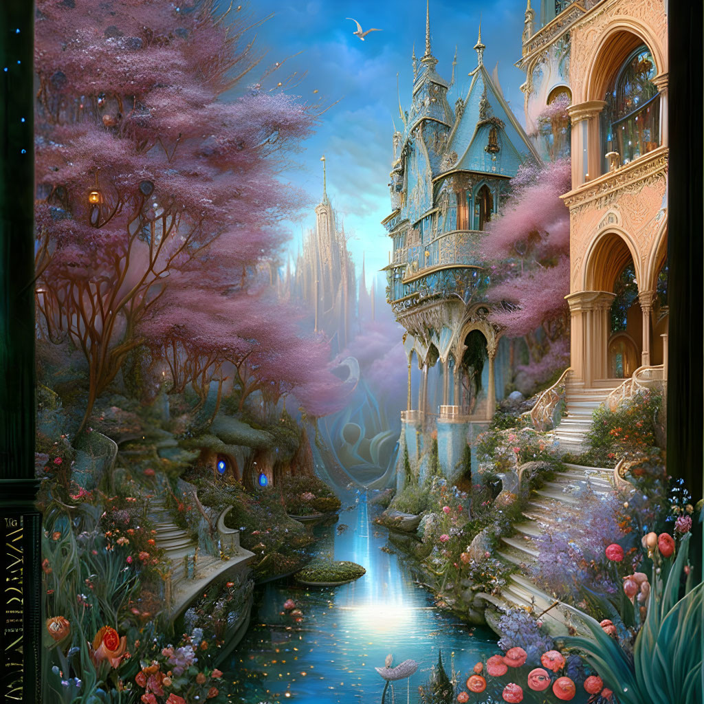 Ornate castle in fantastical landscape with pink trees, river, and lush flora