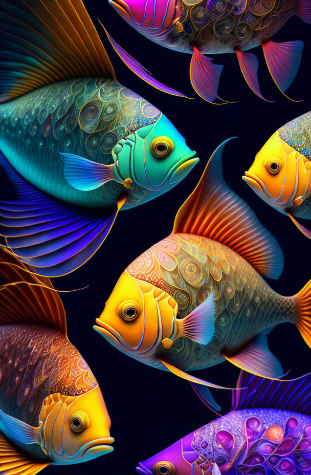 Colorful Stylized Fish Artwork in Dark Underwater Scene