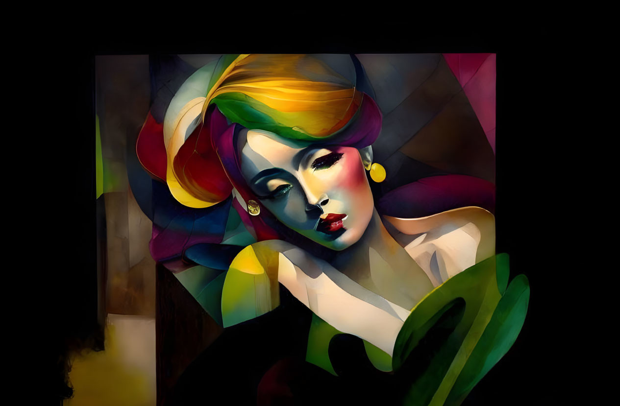 Colorful abstract portrait of woman with vibrant hair and bold makeup on dark backdrop