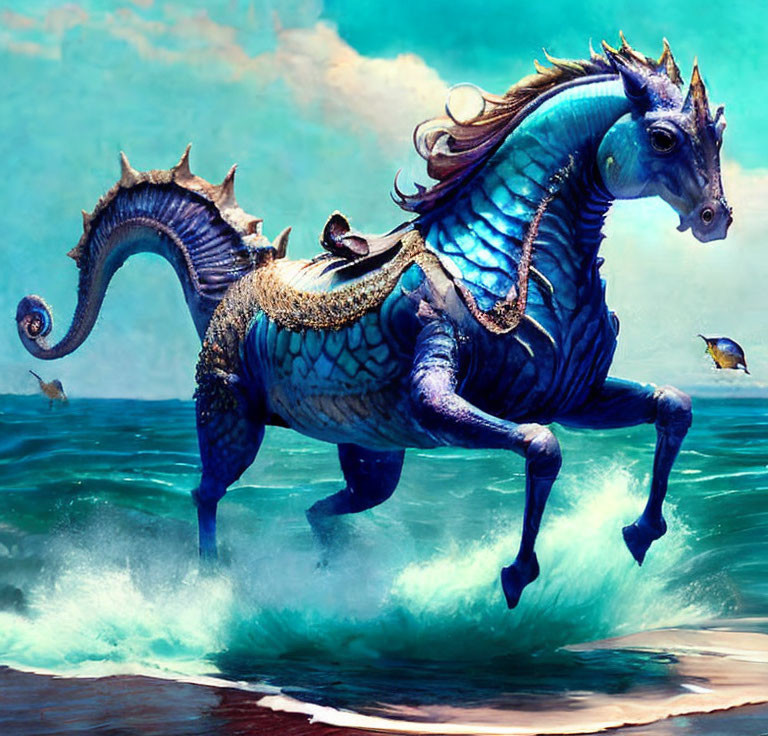 Blue seahorse-horse hybrid with scales and fins galloping in ocean waves surrounded by flying