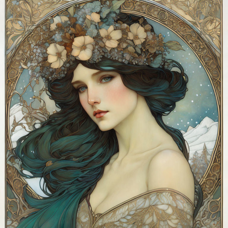 Art Nouveau portrait: Woman with teal hair, floral adornments, snowy mountains.