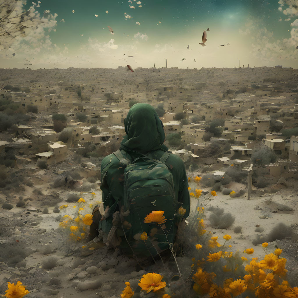 Figure in green cloak gazes at desolate landscape with ruins and sparse greenery under dramatic sky.