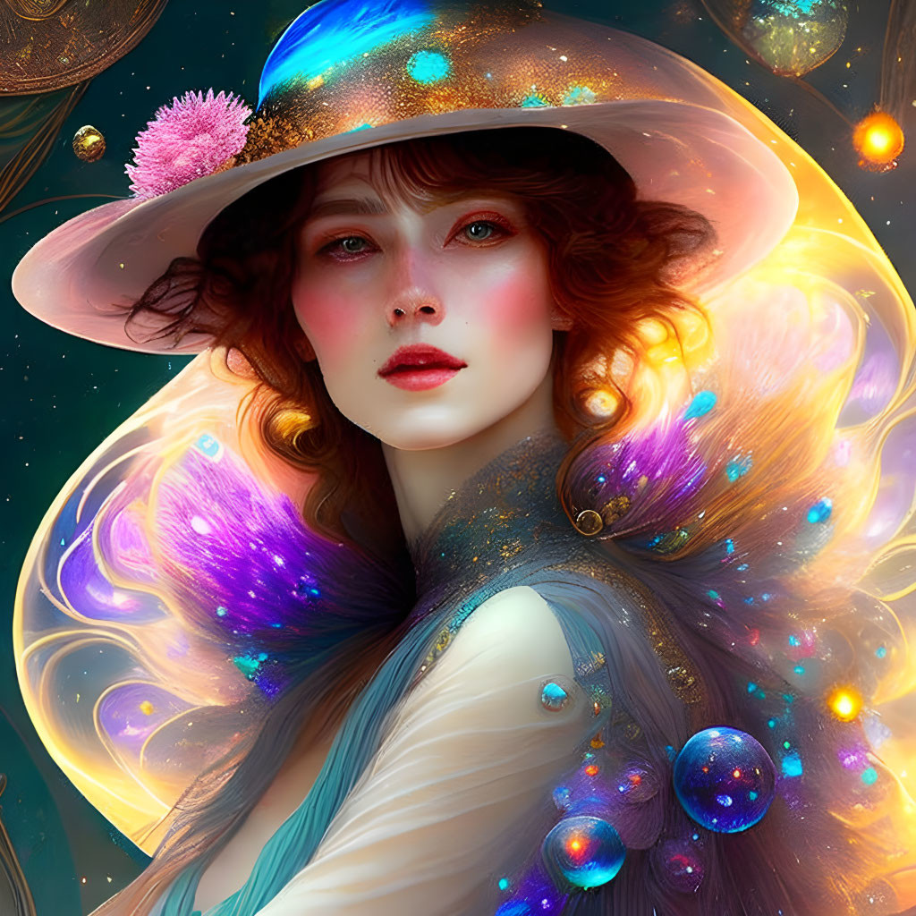 Cosmic-themed digital artwork of a woman in vibrant colors