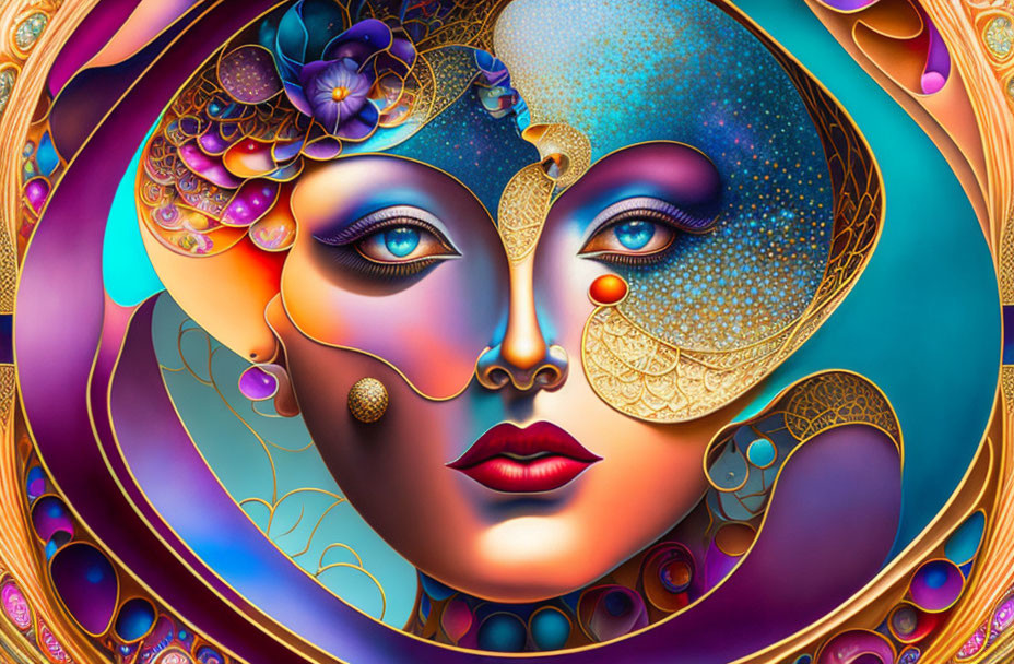 Vibrant abstract female face with intricate patterns and colorful circles