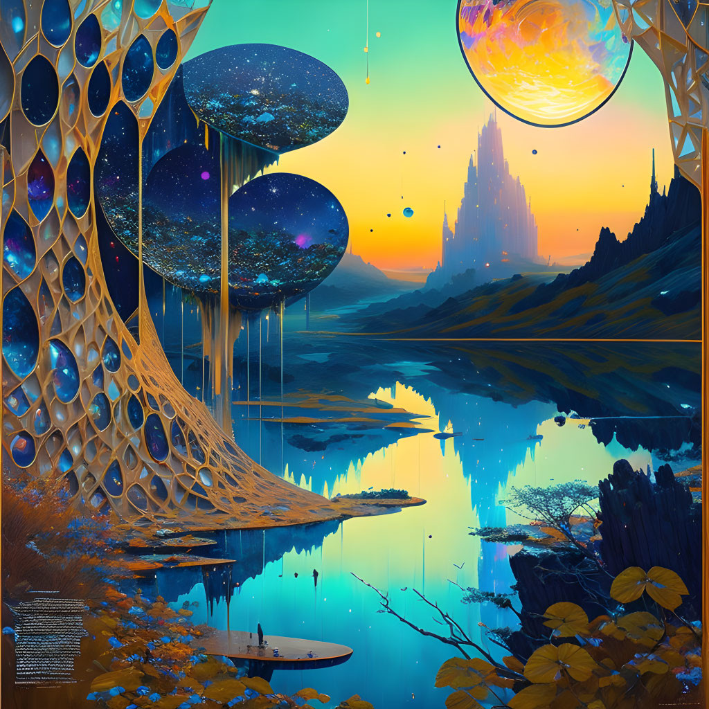 Hexagonal structures, floating orbs, castle, and planet in sci-fi sunset landscape