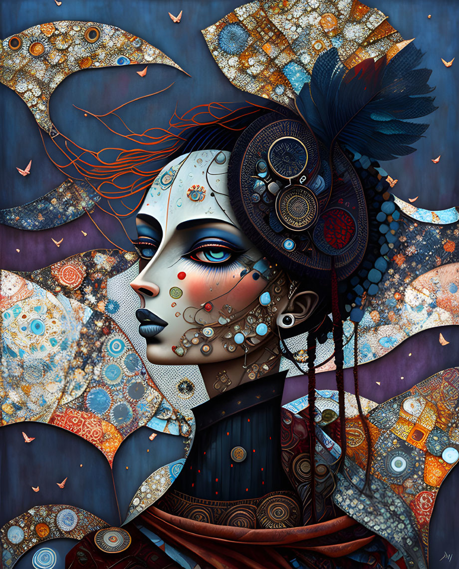 Intricate woman portrait with mechanical elements on dark blue background.