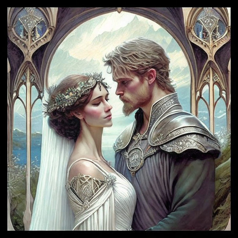 Medieval couple in ornate attire embracing in front of gothic arches.