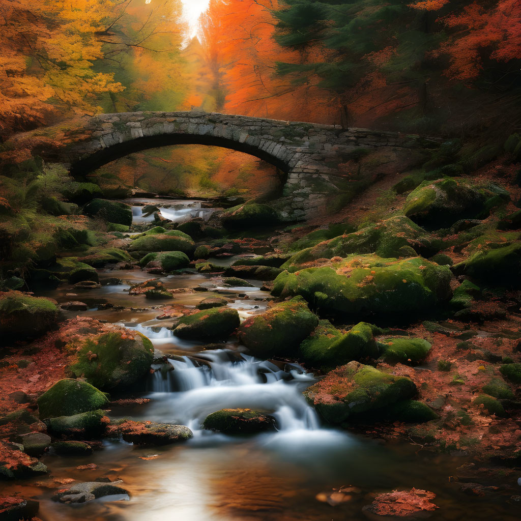 Serene stream with old stone bridge and autumn foliage