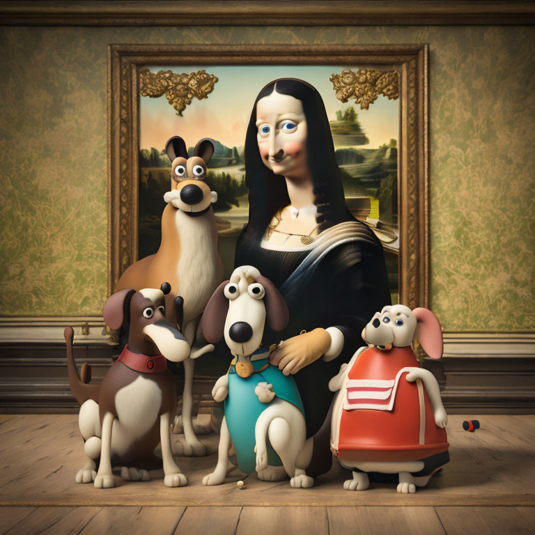 Animated dogs pose around Mona Lisa in ornate gallery