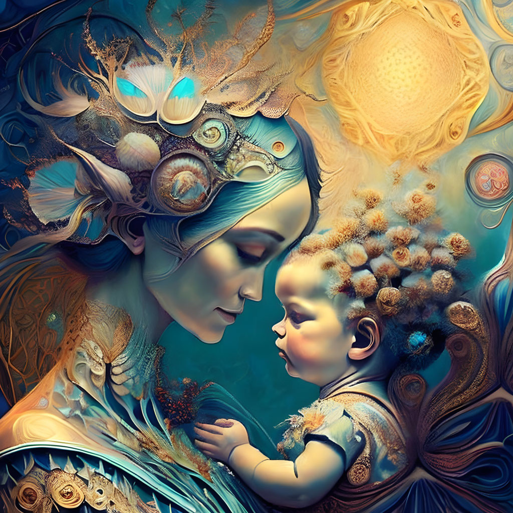 Vibrant fantasy artwork of a woman and child with intricate details