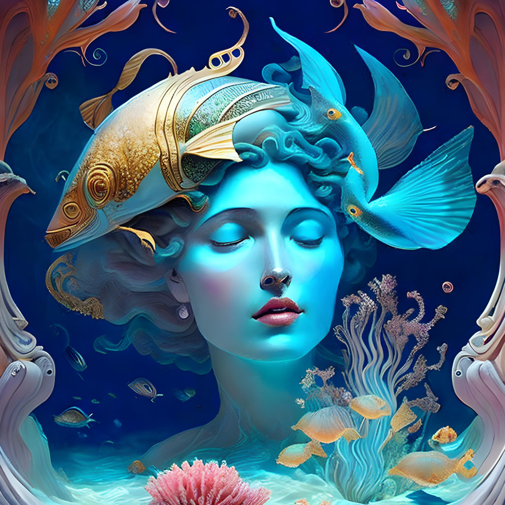 Surreal portrait of woman with fish head underwater