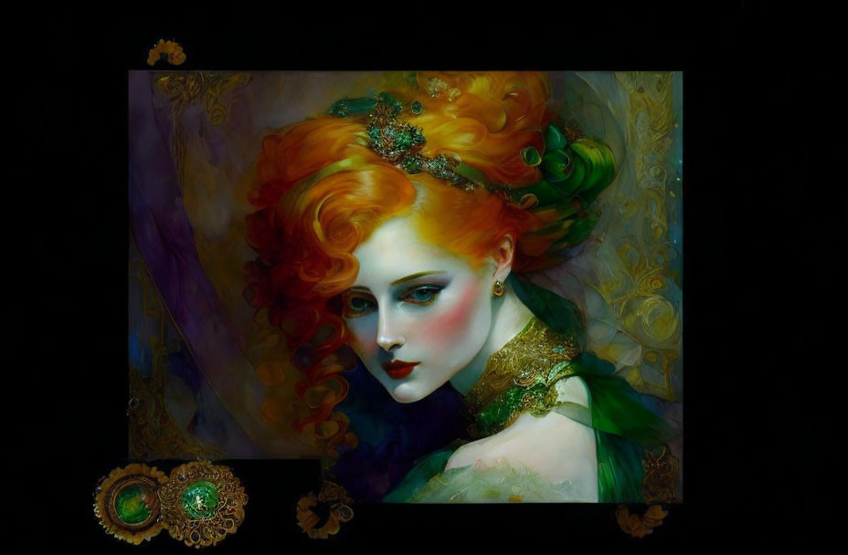 Vivid painting of woman with red hair and green attire in golden accents