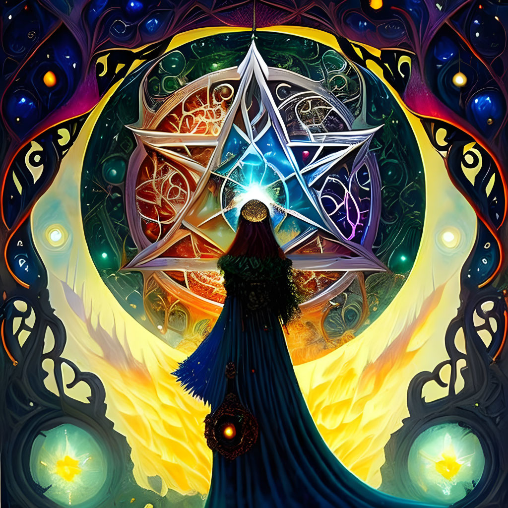 Colorful mystical illustration with cloaked figure and star symbol