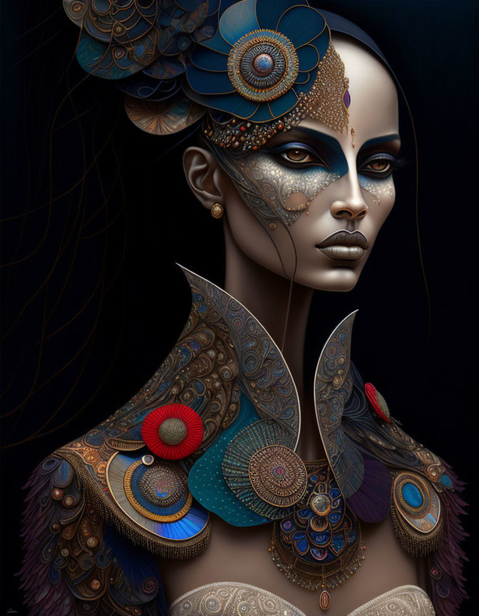 Ornate collar and bold makeup in dark background