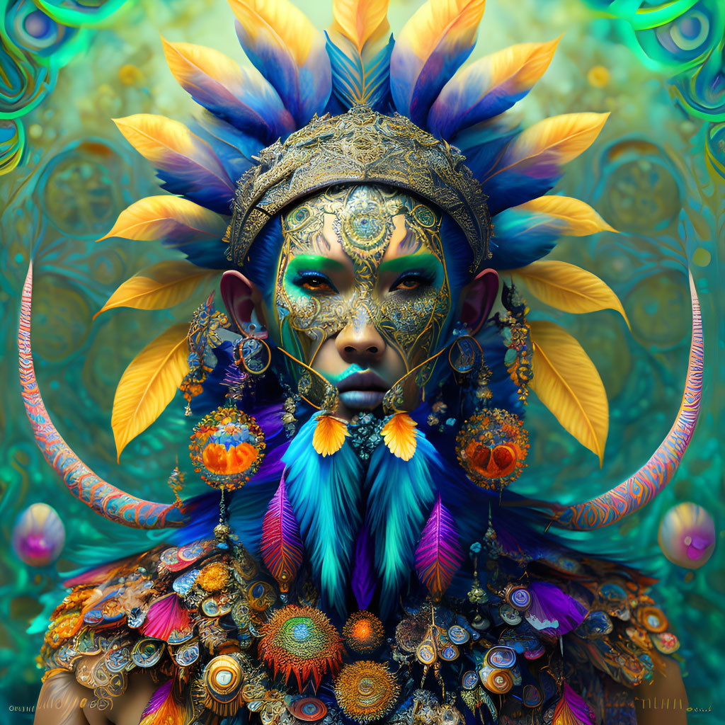 Colorful artwork featuring person with gold face patterns and feathered headdress