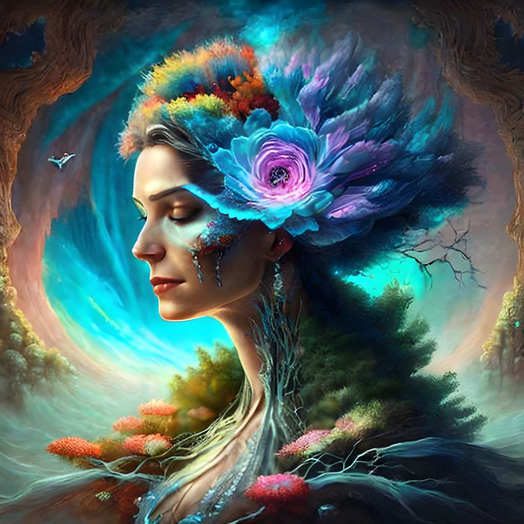 Surreal portrait of woman with floral headpiece in forest landscape