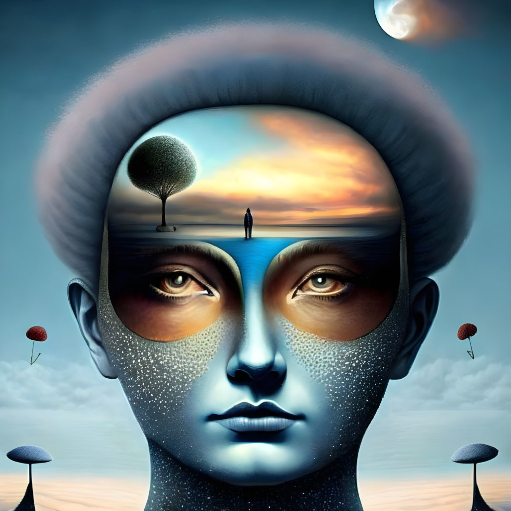 Surreal artwork: face with landscapes as eyes, tree, sunset, person, hot-air balloons