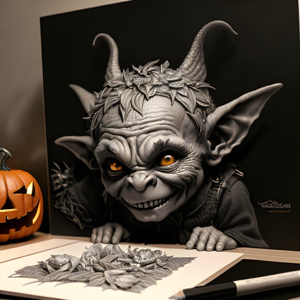 Detailed Gremlin Sculpture Drawing Next to Carved Pumpkin