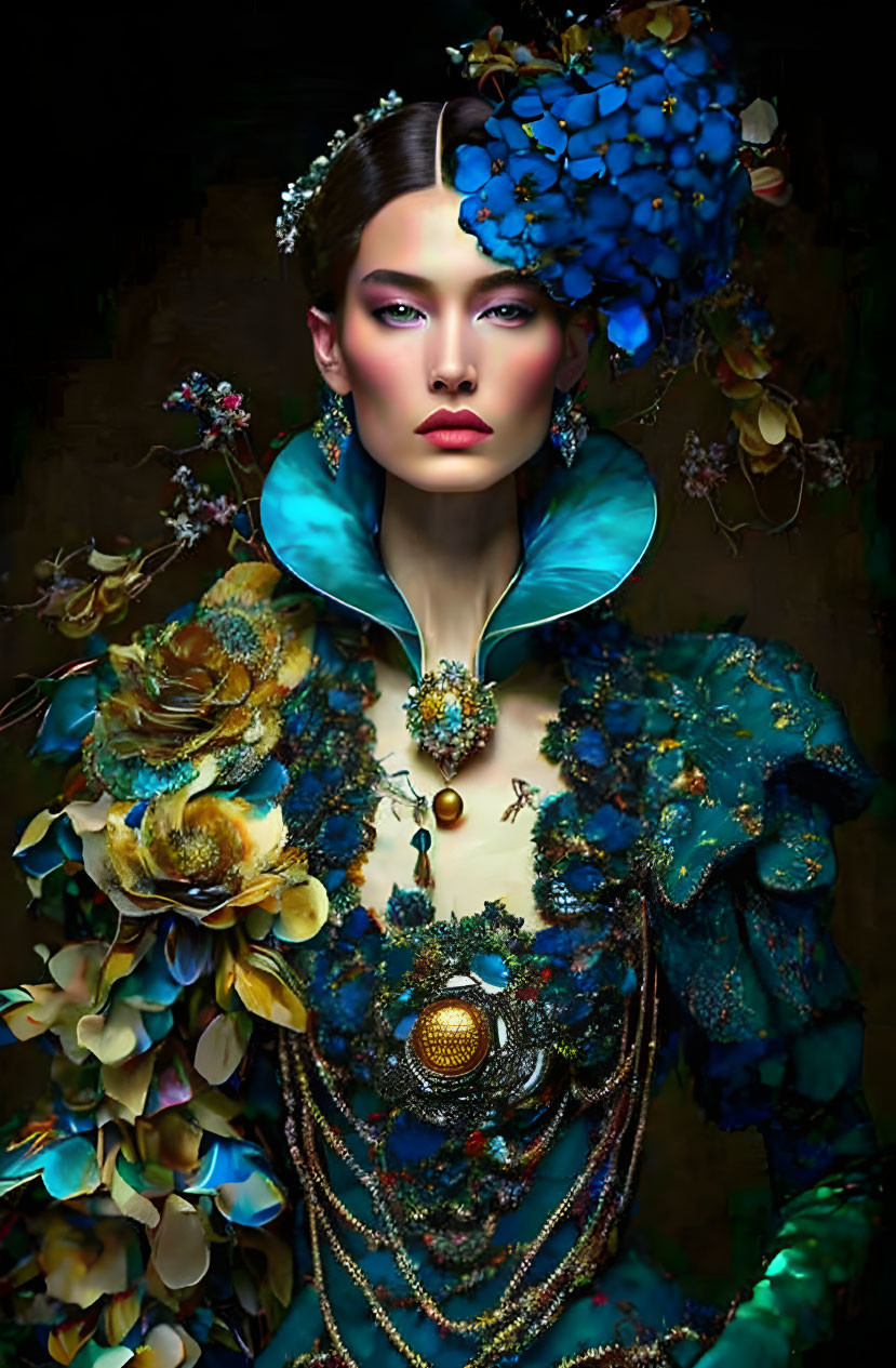 Regal woman with blue floral accents and golden jewelry in dark setting