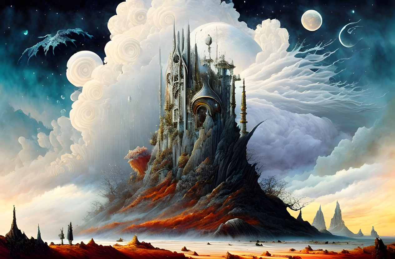 Majestic castle in celestial landscape with swirling clouds