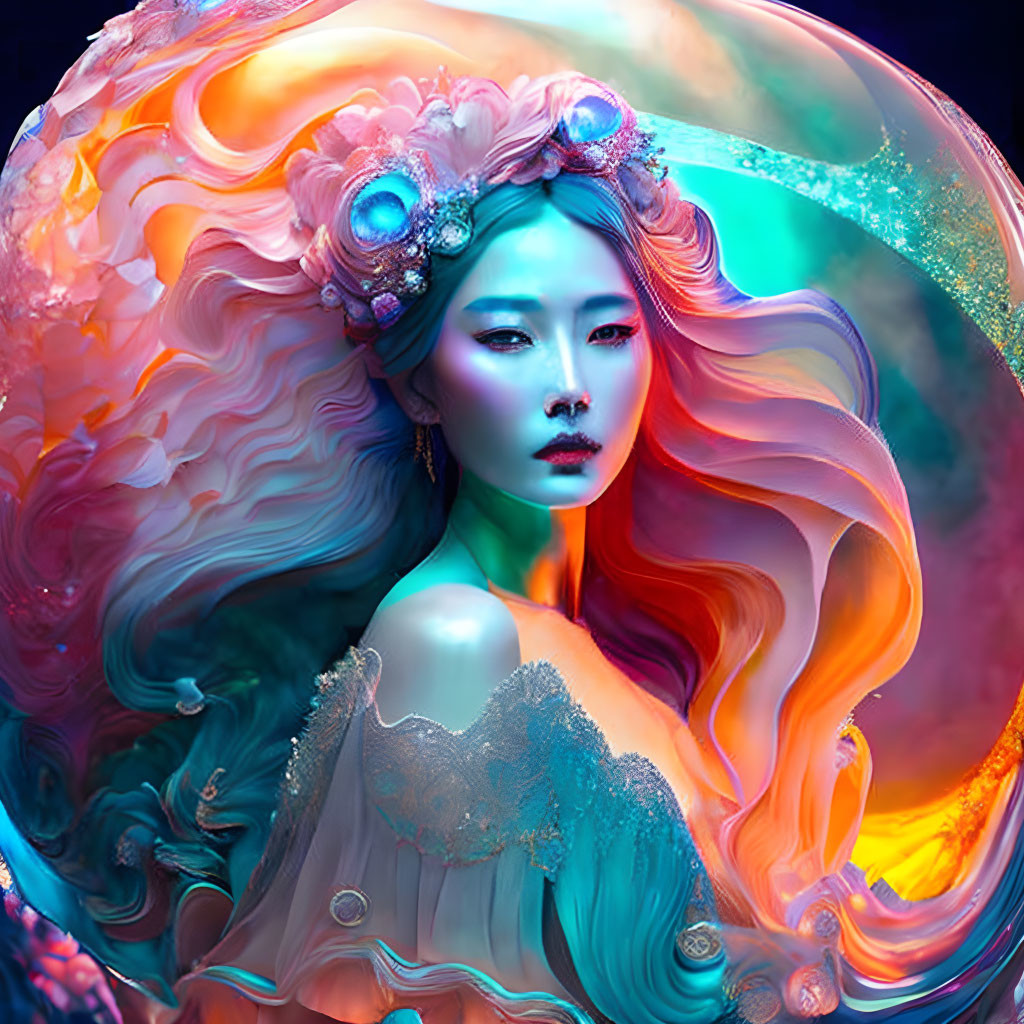 Colorful digital artwork: Woman with flowing hair and ornate headpiece in surreal, iridescent