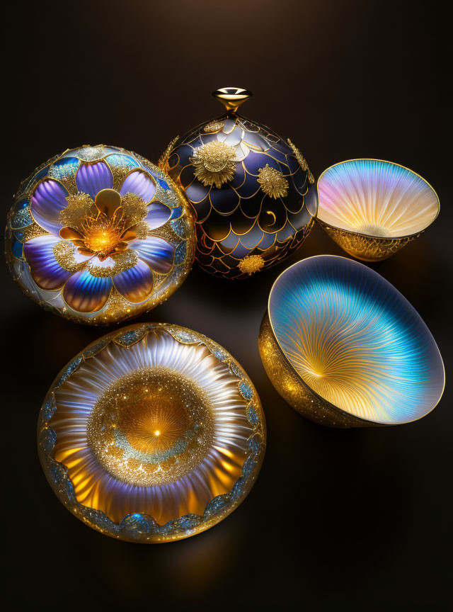 Ornate Gold-Trimmed Spheres and Bowls with Blue and Gold Patterns