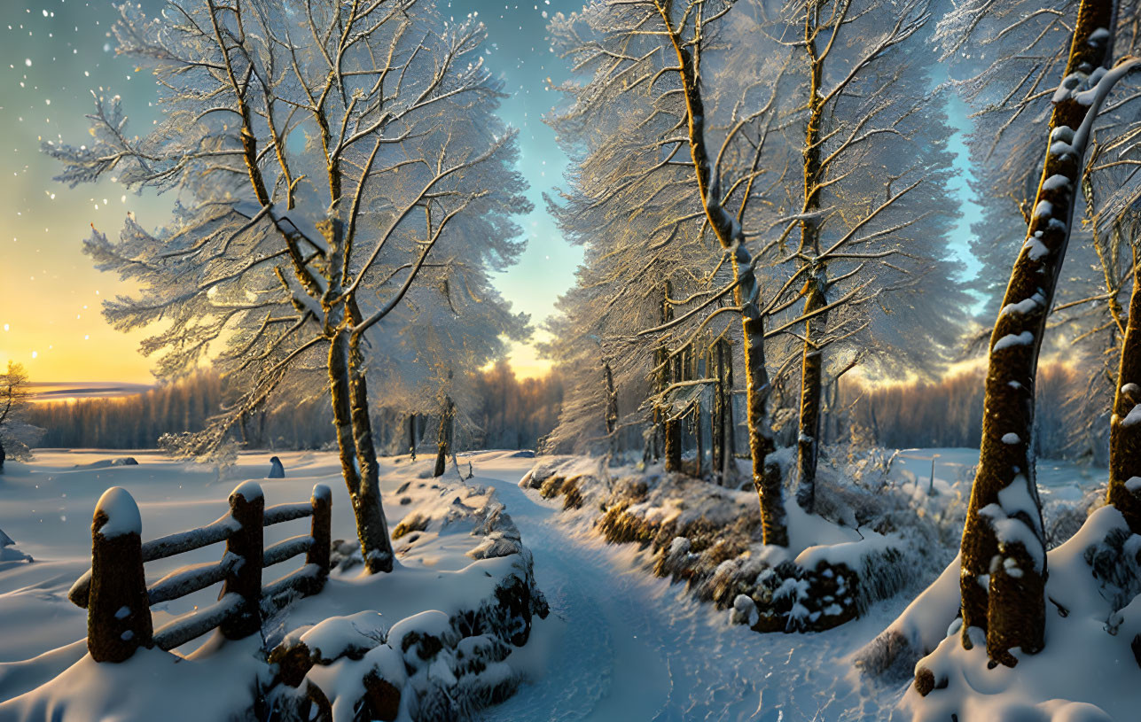 Winter sunset scene with snow, winding path, frosted trees, wooden fence, and warm horizon glow