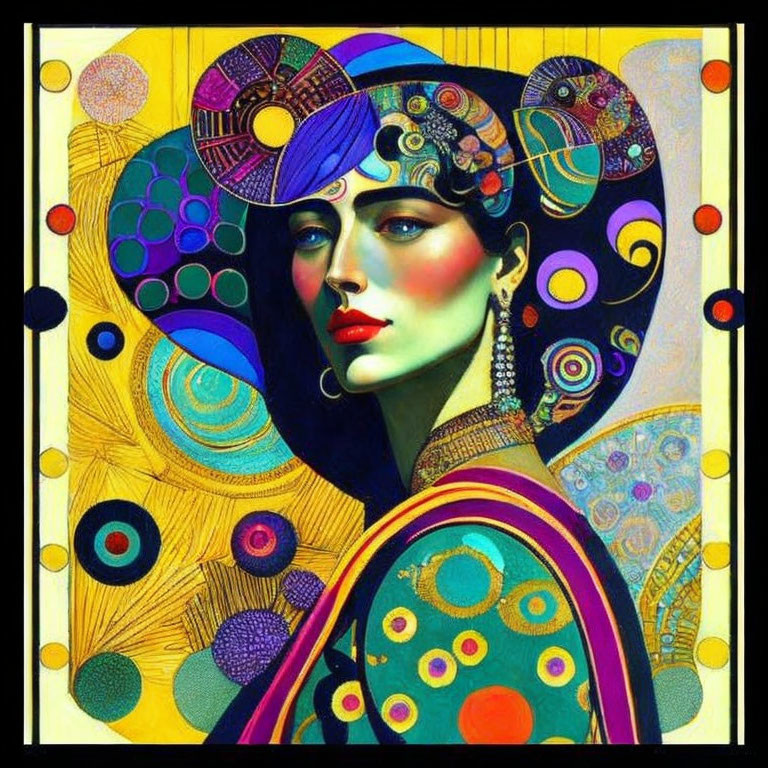 Art Nouveau Woman Illustration with Vibrant Colors and Decorative Headdress