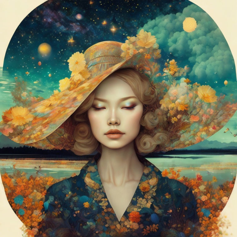 Illustration of woman in floral hat in cosmic landscape with stars, clouds, and lake