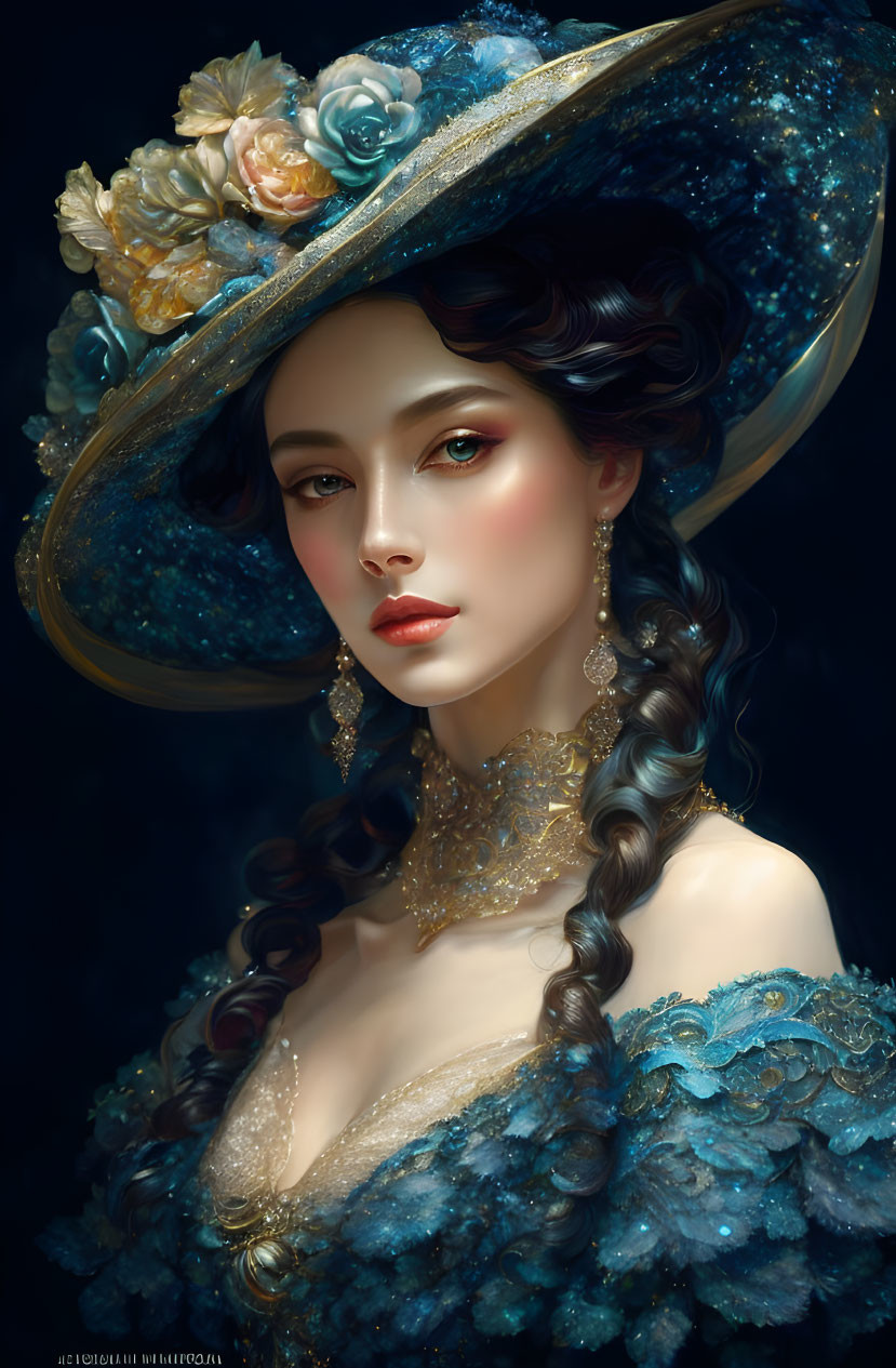 Galaxy-themed attire portrait of woman with floral hat and braided hair