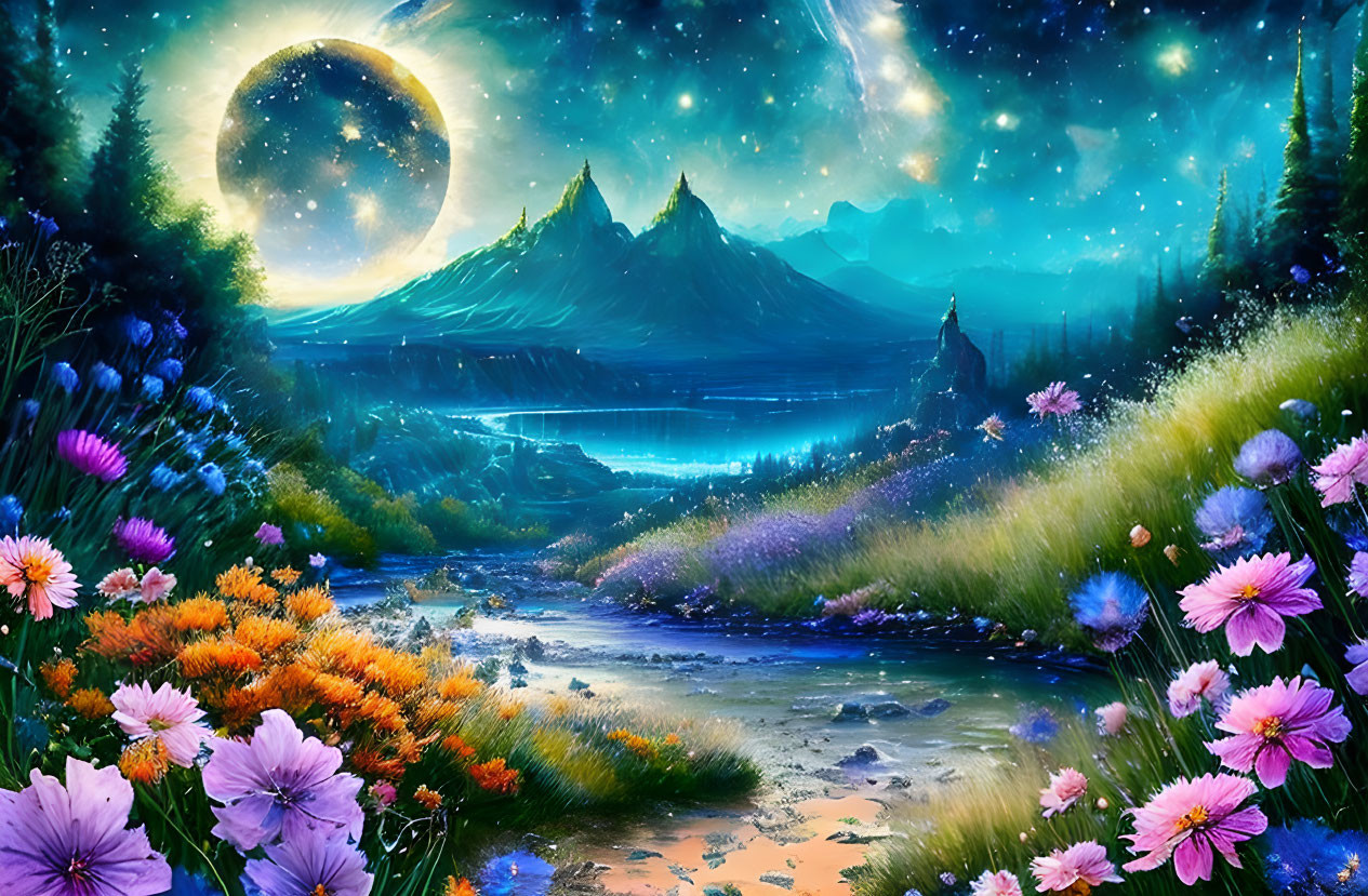 Fantasy landscape with crescent moon, starry sky, mountains, river & colorful flowers