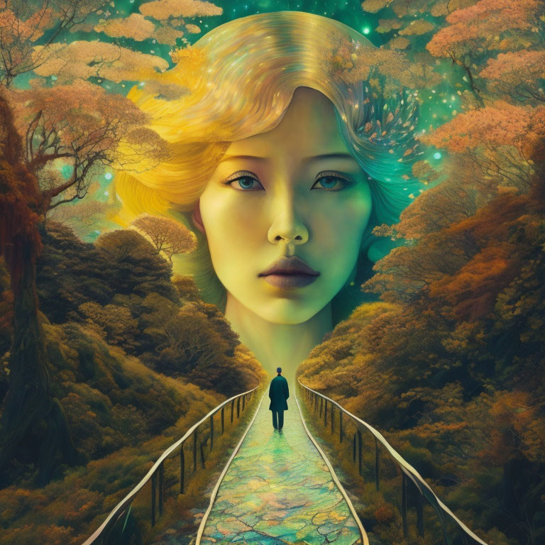 Surreal artwork: person on path to giant woman's face amidst autumn trees & orange sky