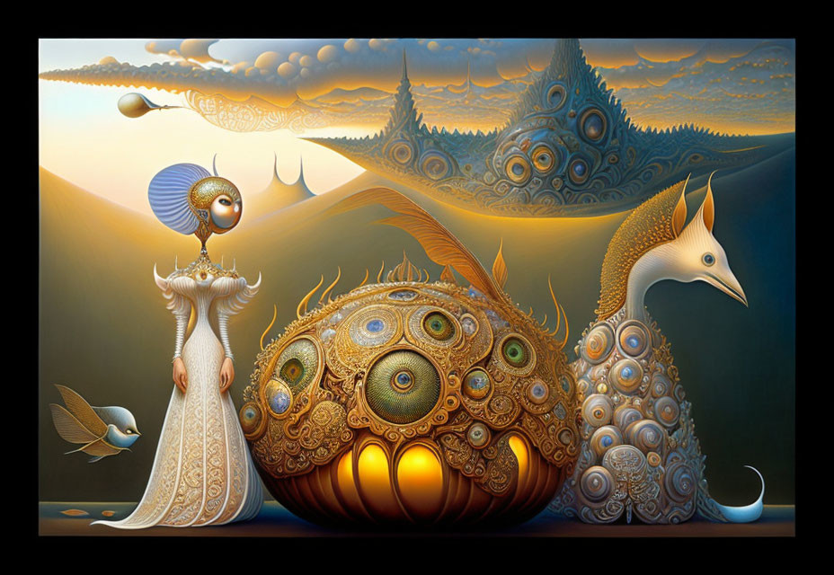 Surreal artwork featuring woman, bird creature, and peacock entity