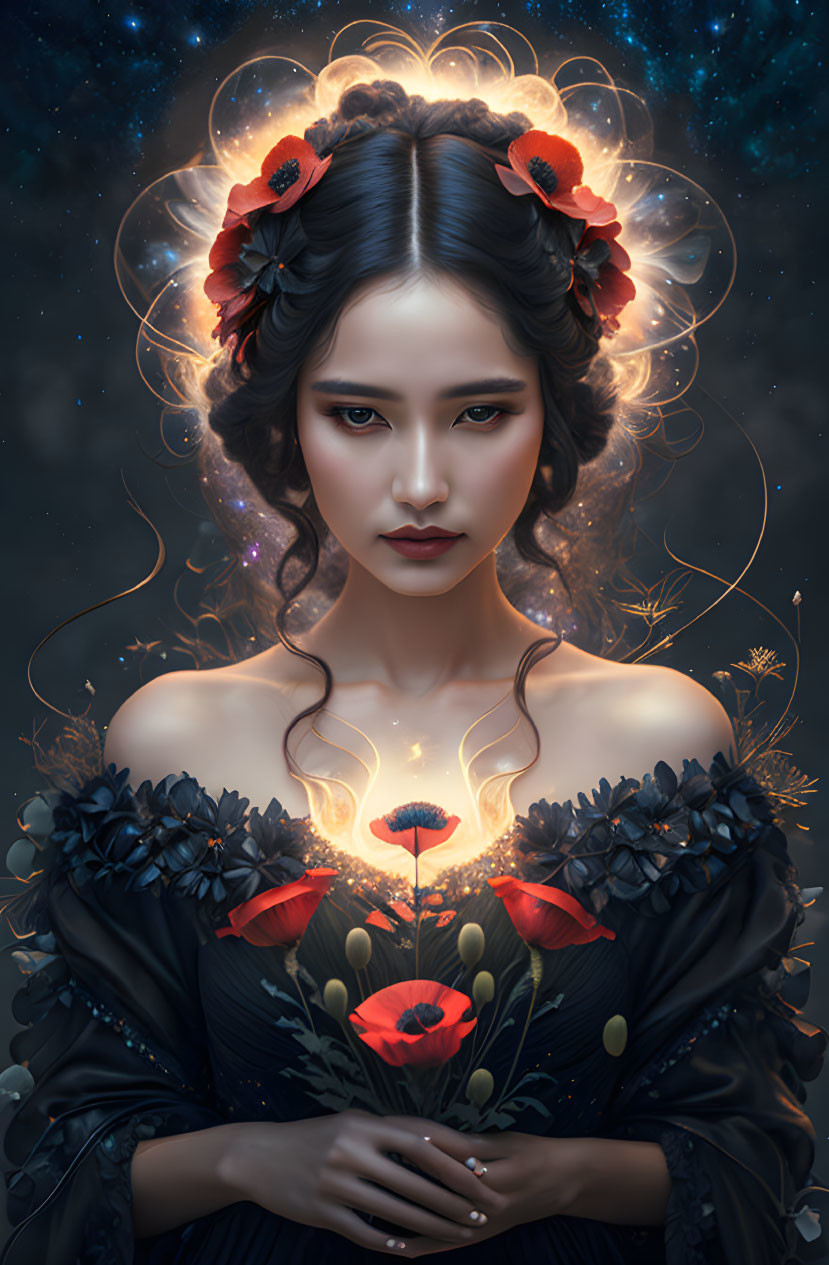 Mystical woman with poppies in digital artwork