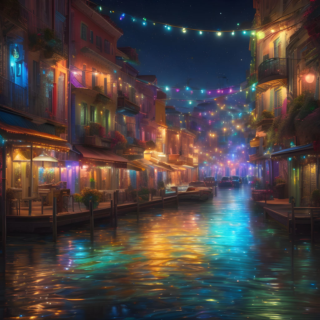 Venice canal night scene with hanging lights and illuminated buildings.