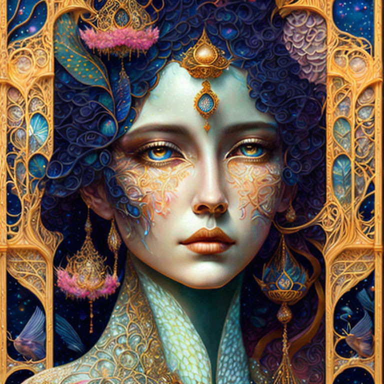 Detailed Illustration: Woman with Blue Skin, Gold Adornments, Celestial Backdrop