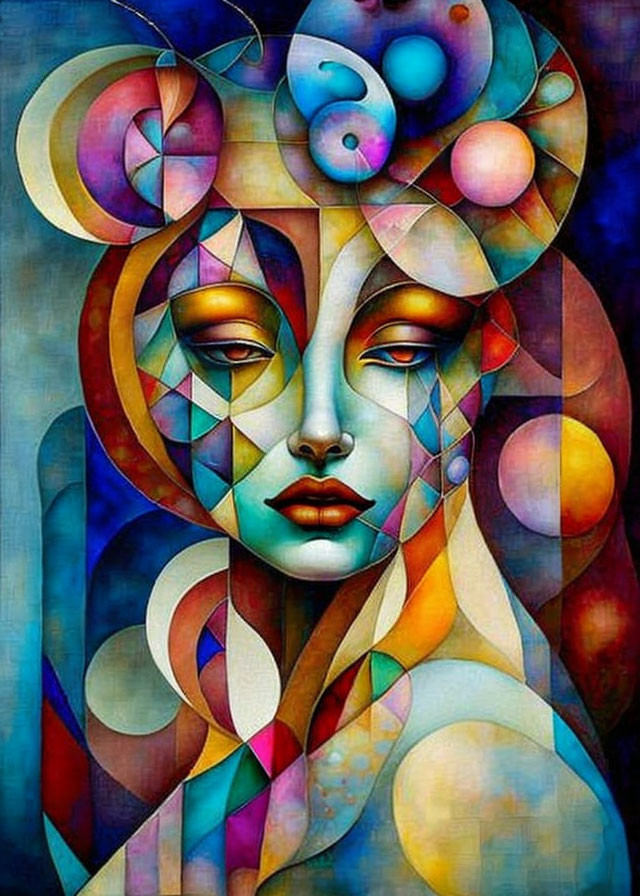 Vibrant abstract portrait of female figure with geometric and curvilinear shapes
