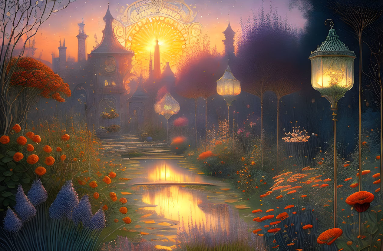 Twilight evening scene with illuminated lanterns, serene pond, orange flowers, and whimsical architecture