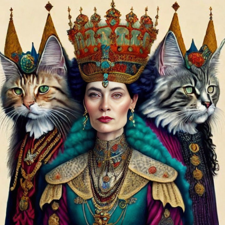 Regal woman with two cats in royal attire and crowns