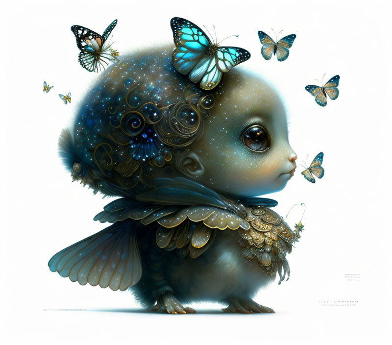 Fantastical creature with innocent eyes, dark fur, golden wings, and blue butterflies